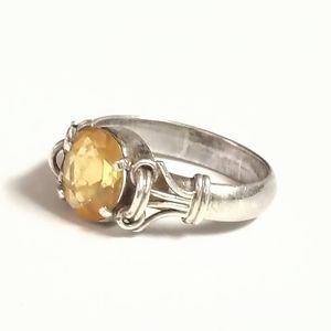 Silver Tone Ring Round Yellow Amber Stone Size 7